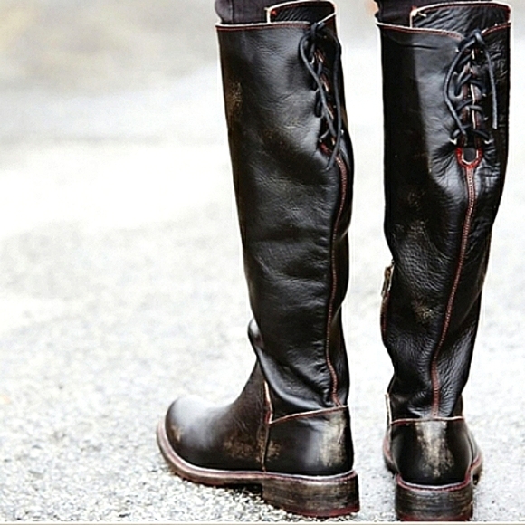 BED|STÜ Manchester Distressed Black Leather Knee-High Boots Red Stitching/Soles - Picture 2 of 16